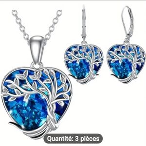 Silver Tree of Life Heart Necklace and Earrings Set - Blue Crystal